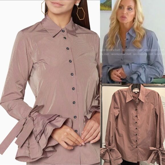 Like New Alexis ‘ Karin ‘ mauve purple red Striped Bell Ruffle Cuff Sleeve Top - Picture 1 of 7